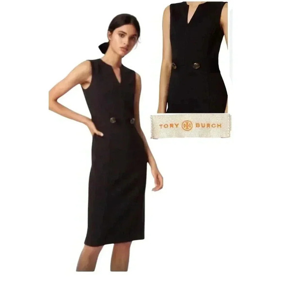 Tory Burch Women's Black Sheath Midi Dress V-Neck Sleeveless Wool Blend Sz S/P